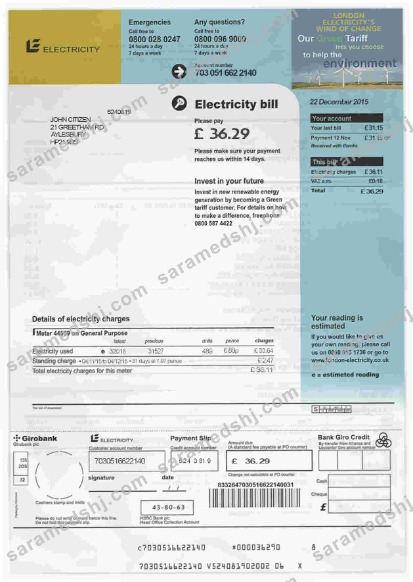United Kingdom electricity utility bill template in PSD format